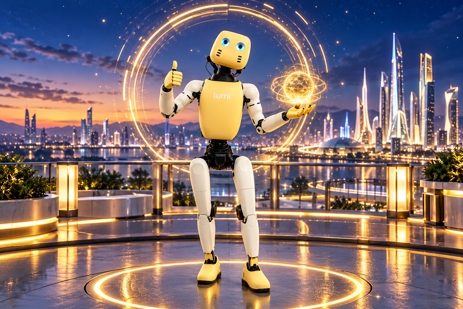 LUMI outside the cockpit, surrounded by golden energy rings
