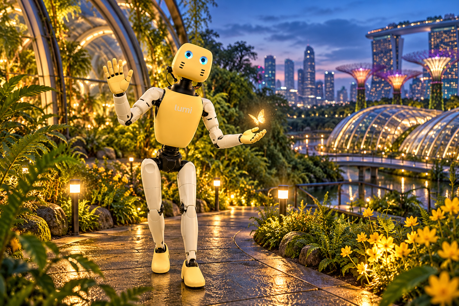 LUMI meeting a glowing butterfly in a botanical garden