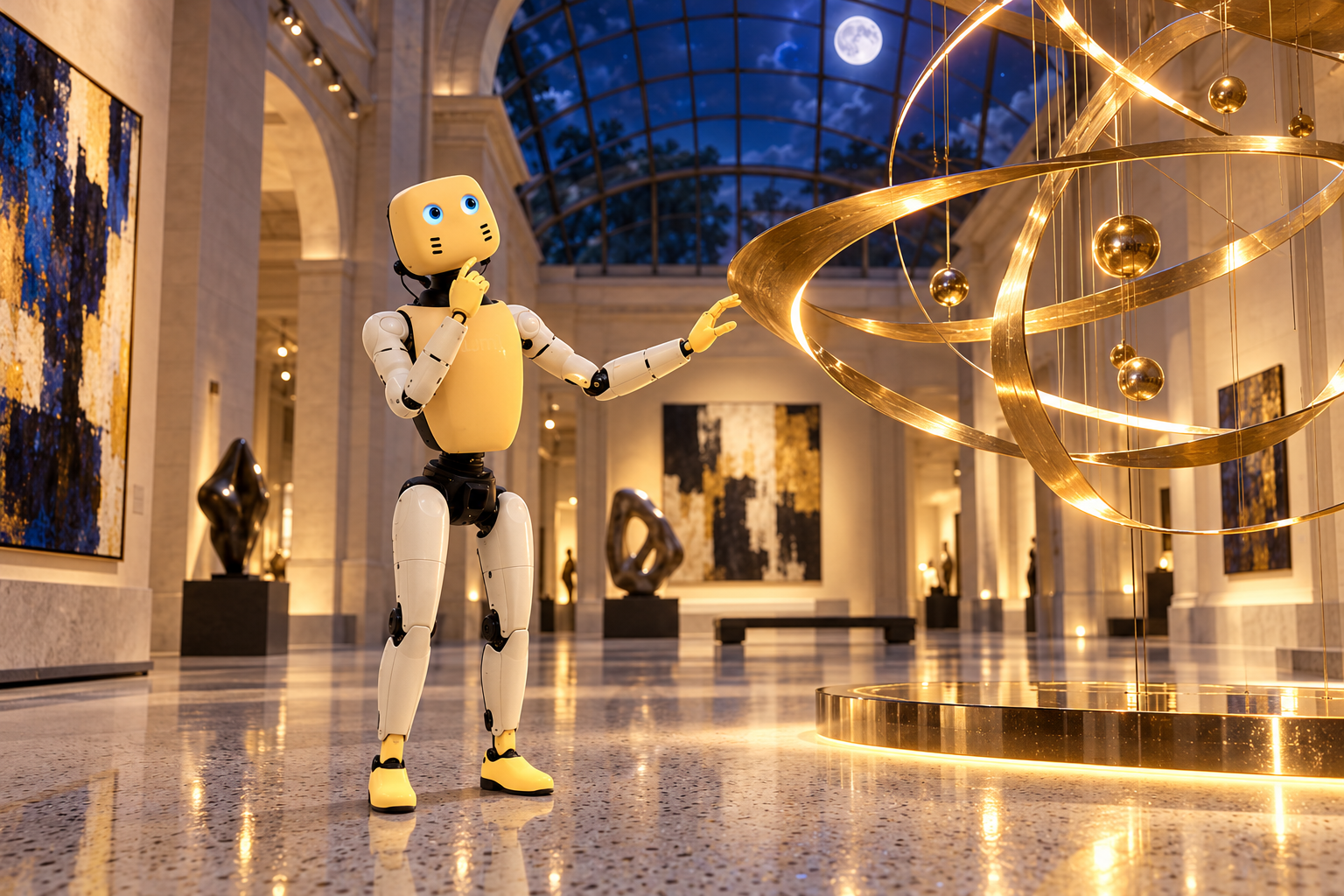 LUMI studying a gold orbital sculpture in a museum hall