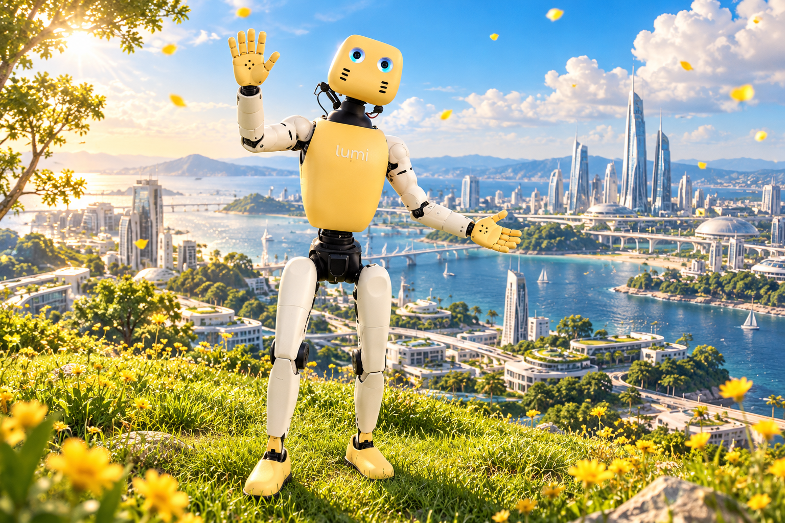 LUMI waving from a flowering hillside above a bay